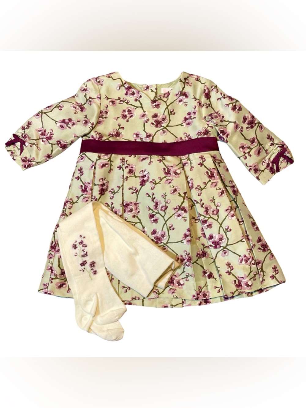 Janie and Jack Lush Berries Light Green Floral Silk Dress and Tights 6-12 m